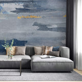 Tapet personalizat abstract cu insertii texturate in nuante de ablastru gri si auriu blue grain wall