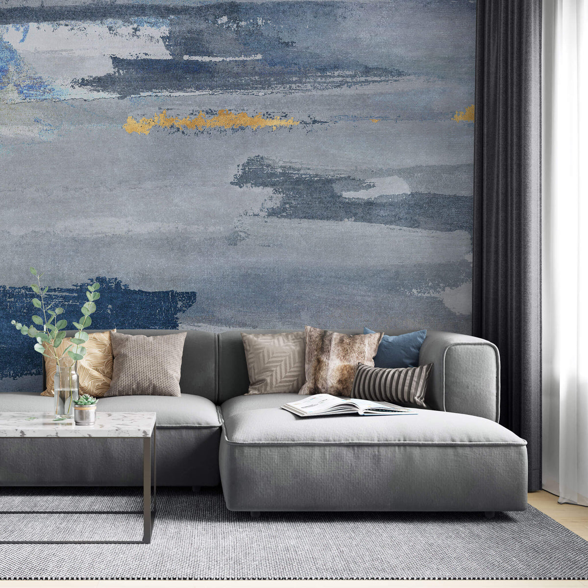 Tapet personalizat abstract cu insertii texturate in nuante de ablastru gri si auriu blue grain wall