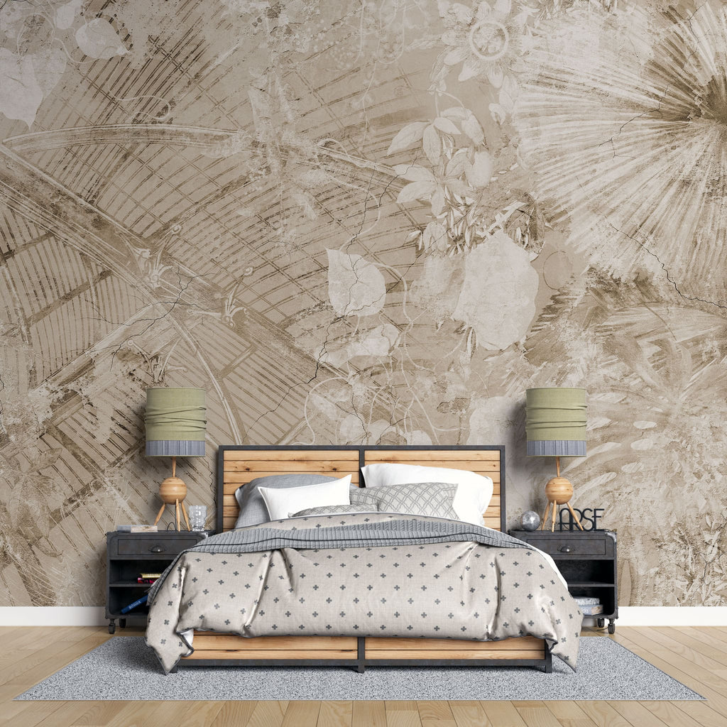 Tapet personalizat abstract cu sera si plante salbatice pe un fundal texturat invechit vintage green house