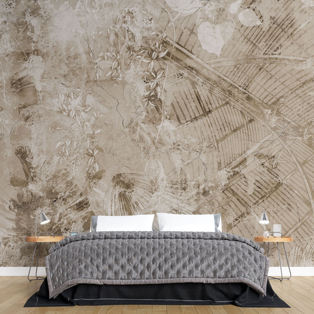 Tapet personalizat abstract cu sera si plante salbatice pe un fundal texturat invechit vintage green house