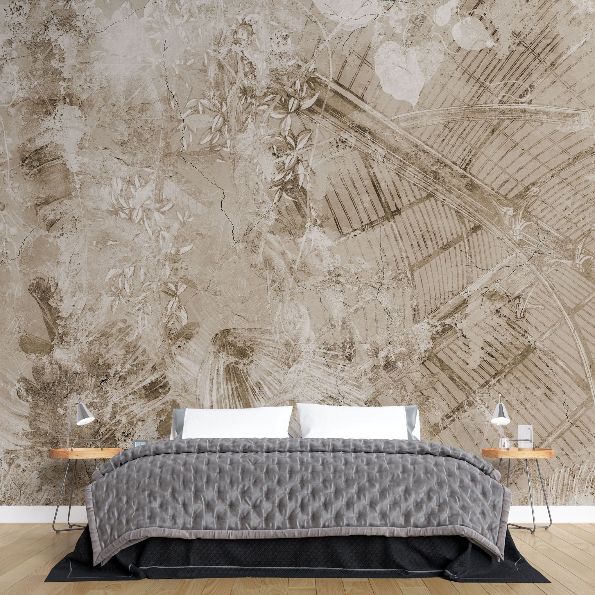 Tapet personalizat abstract cu sera si plante salbatice pe un fundal texturat invechit vintage green house