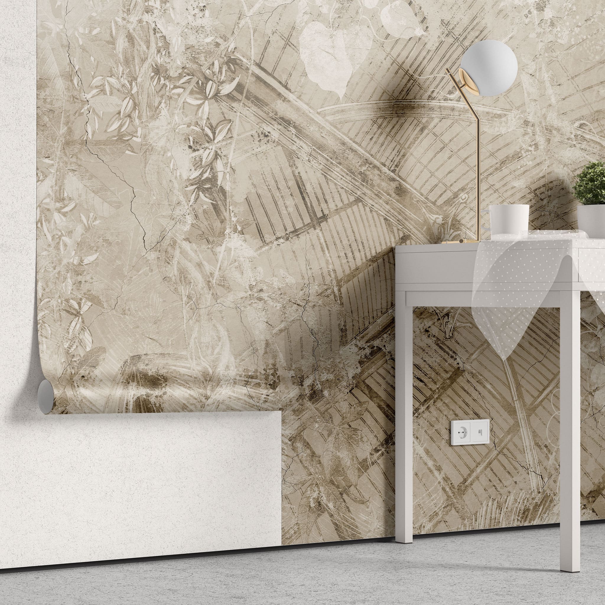 Tapet personalizat abstract cu sera si plante salbatice pe un fundal texturat invechit vintage green house