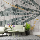 Tapet personalizat abstract cu forme de aripi abstracte in nuante de verde, gri si insertii aurii dragonfly