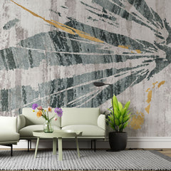 Tapet personalizat abstract cu forme de aripi abstracte in nuante de verde, gri si insertii aurii dragonfly