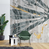 Tapet personalizat abstract cu forme de aripi abstracte in nuante de verde, gri si insertii aurii dragonfly