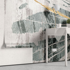 Tapet personalizat abstract cu forme de aripi abstracte in nuante de verde, gri si insertii aurii dragonfly