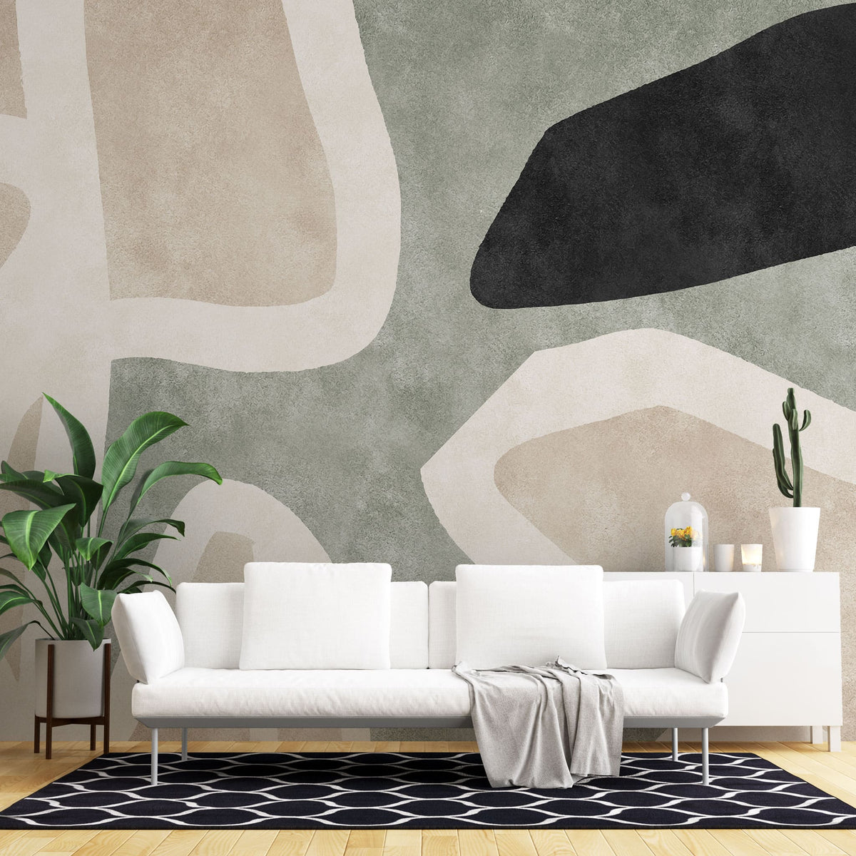 Tapet personalizat abstract cu forme circulare abstracte in nuante de verde menta, bej si negru abstract rocks