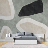 Tapet personalizat abstract cu forme circulare abstracte in nuante de verde menta, bej si negru abstract rocks