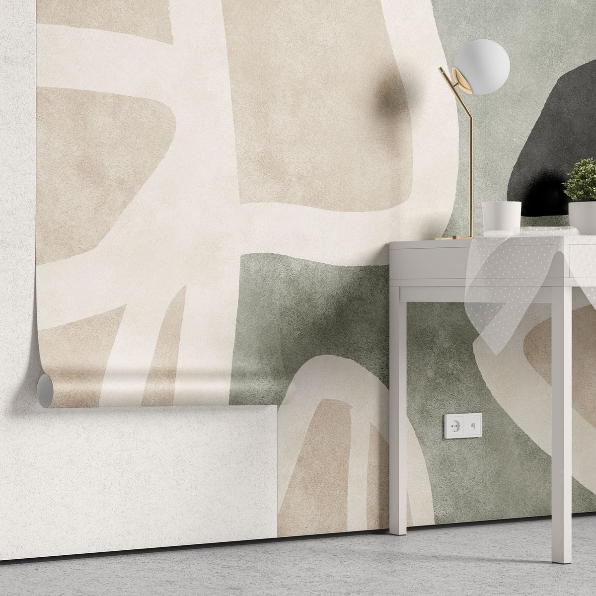 Tapet personalizat abstract cu forme circulare abstracte in nuante de verde menta, bej si negru abstract rocks