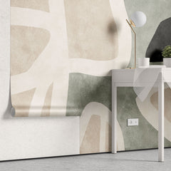 Tapet personalizat abstract cu forme circulare abstracte in nuante de verde menta, bej si negru abstract rocks