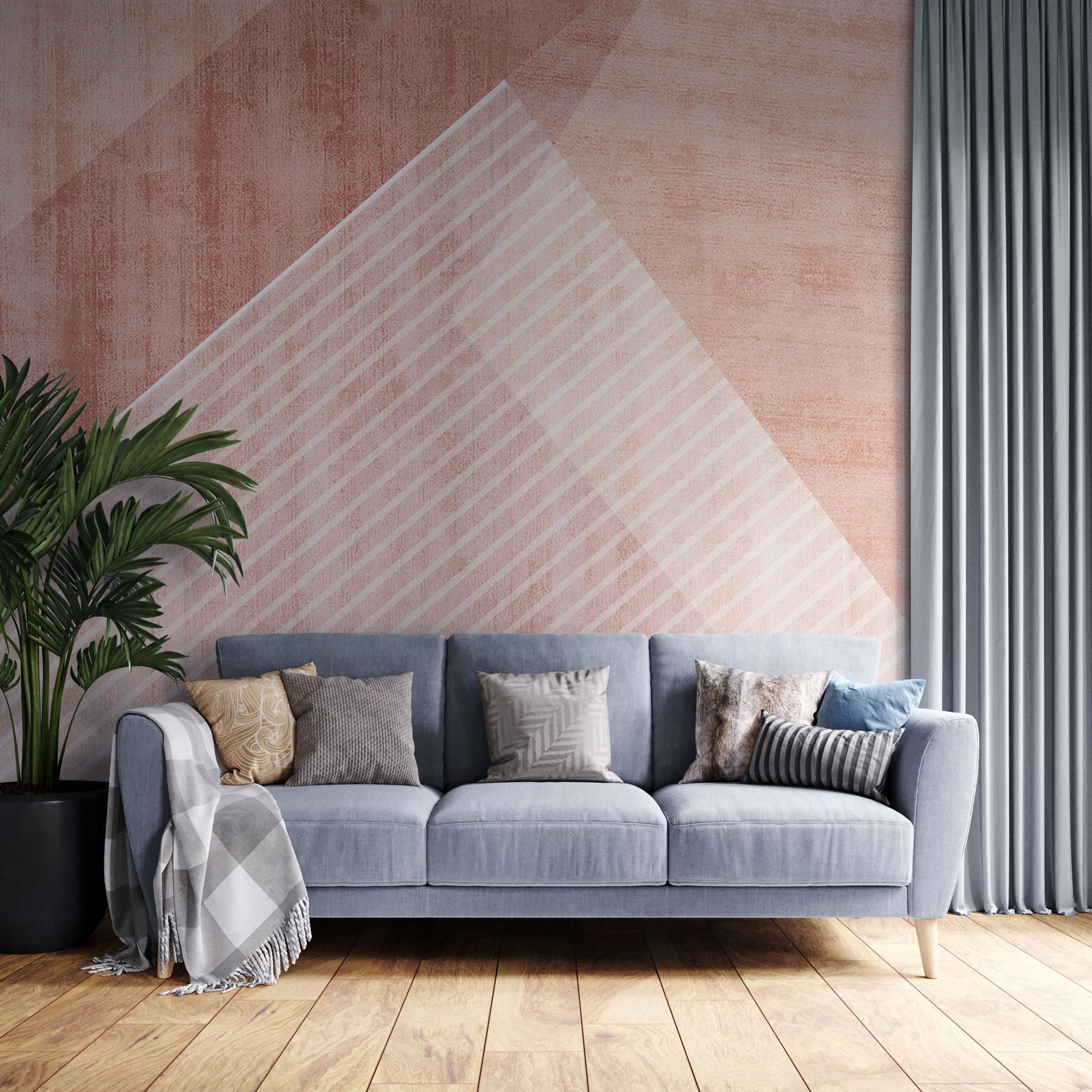 Tapet personalizat abstract cu forme si dungi in nuante de roz si alb pink pyramid