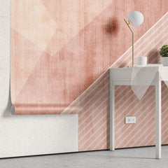 Tapet personalizat abstract cu forme si dungi in nuante de roz si alb pink pyramid