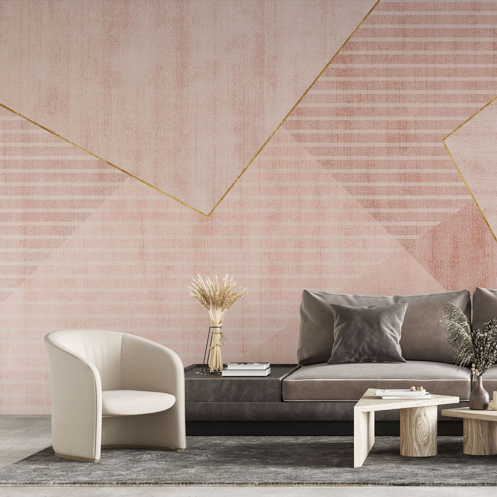 Tapet personalizat abstract cu forme si dungi in nuante de roz si alb cu detalii aurii reverse pink pyramid