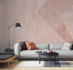 Tapet personalizat abstract cu forme si dungi in nuante de roz si alb cu detalii aurii reverse pink pyramid