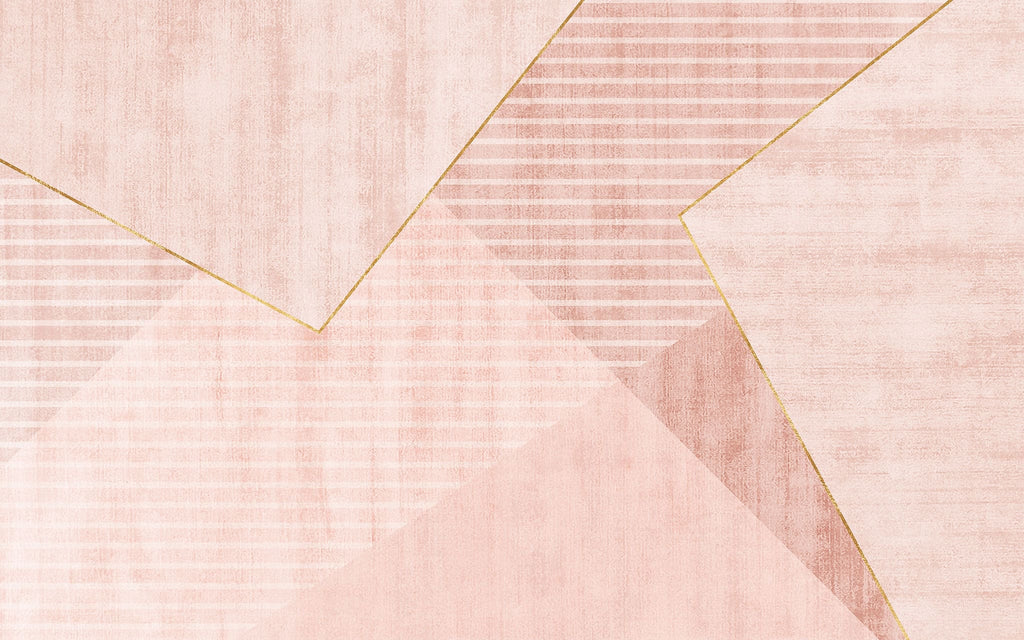 Tapet personalizat abstract cu forme si dungi in nuante de roz si alb cu detalii aurii reverse pink pyramid