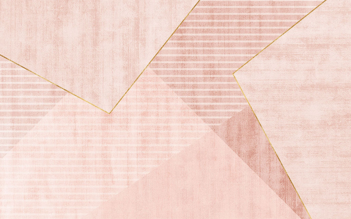 Tapet personalizat abstract cu forme si dungi in nuante de roz si alb cu detalii aurii reverse pink pyramid