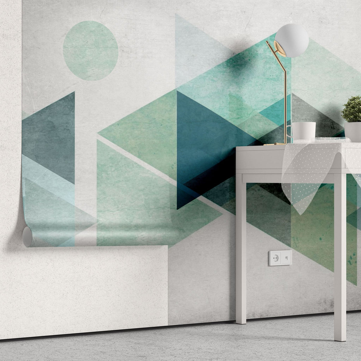 Tapet personalizat abstract cu forme triunghiulare in nuante turcoaz turqoise opacity