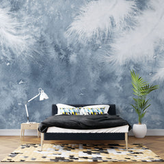 Tapet personalizat abstract cu pene albe pe fundal albastru white feathers