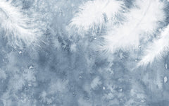 Tapet personalizat abstract cu pene albe pe fundal albastru white feathers