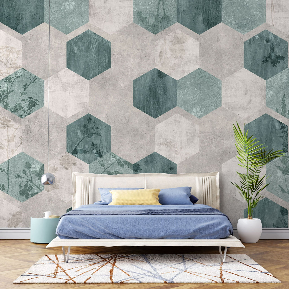 Tapet personalizat abstract cu model de fagure in nuante de alb si verde salvie sage honeycomb