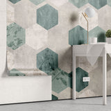 Tapet personalizat abstract cu model de fagure in nuante de alb si verde salvie sage honeycomb