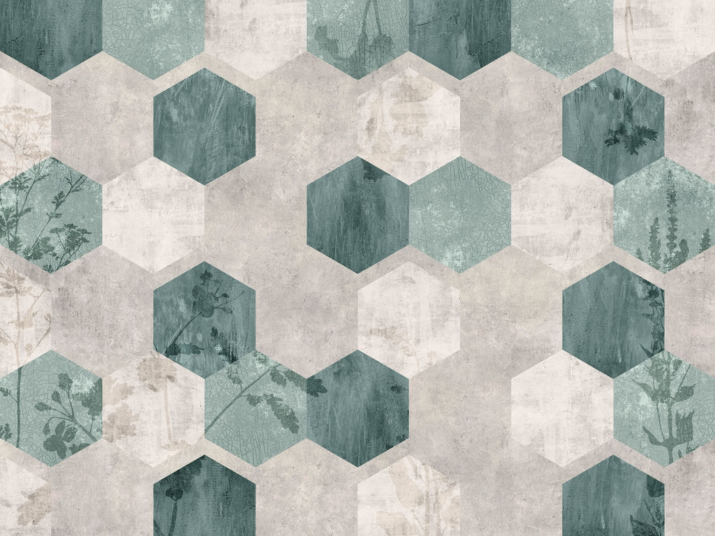 Tapet personalizat abstract cu model de fagure in nuante de alb si verde salvie sage honeycomb