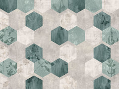 Tapet personalizat abstract cu model de fagure in nuante de alb si verde salvie sage honeycomb