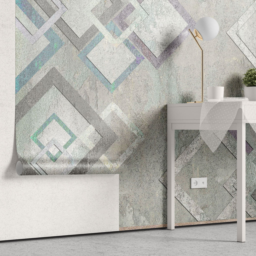 Tapet personalizat abstract cu forme patrate pe un perete texturat textured wall