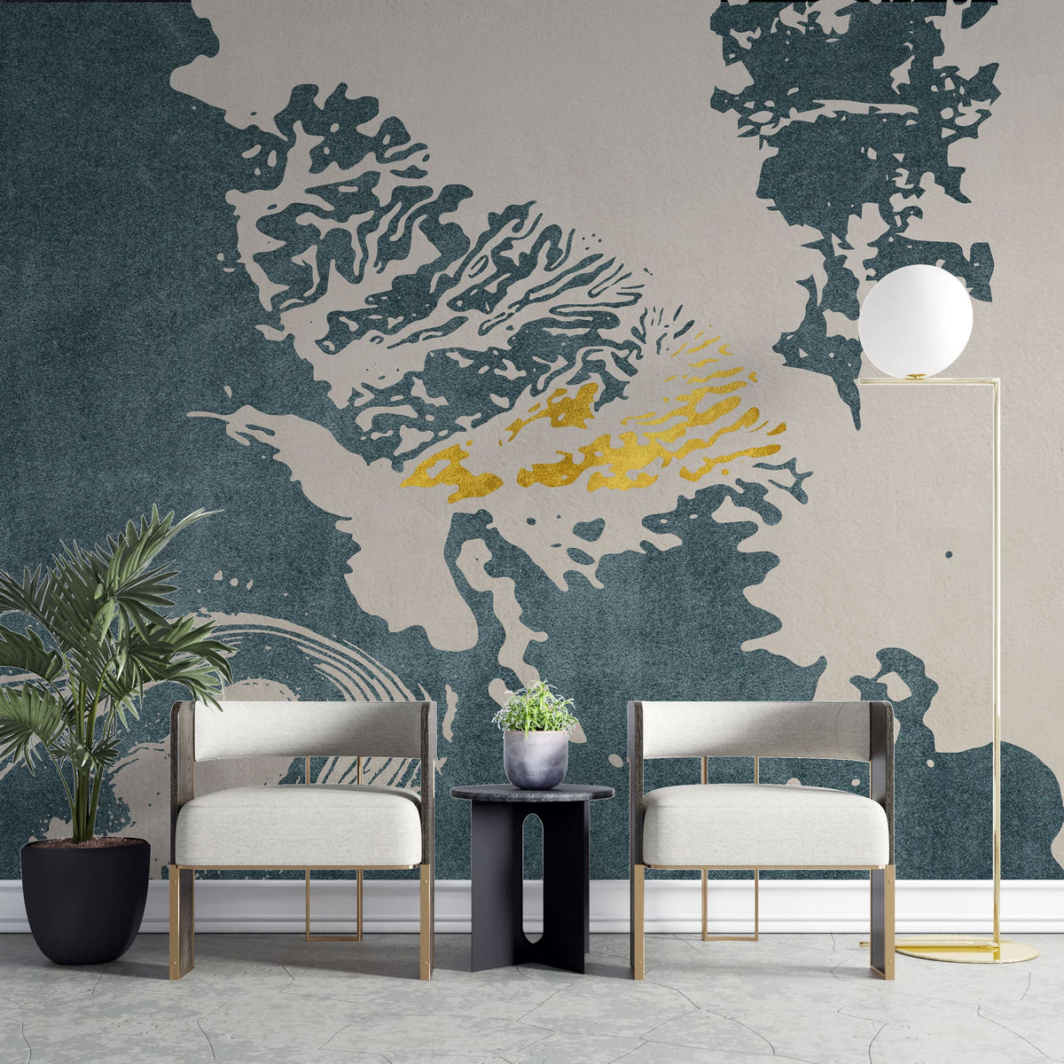 Tapet personalizat abstract cu model abstract in nuante de albastru cu insertii aurii golden dove