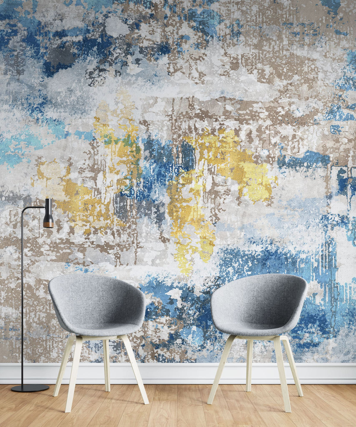 Tapet personalizat abstract cu model abstract texturat in nuante de albastru, bej si auriu gold&blue scrap
