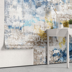 Tapet personalizat abstract cu model abstract texturat in nuante de albastru, bej si auriu gold&blue scrap