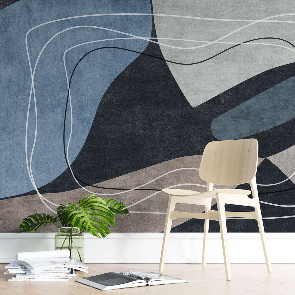 Tapet personalizat abstract cu linii si forme abstracte in nuante de albastru lines&waves