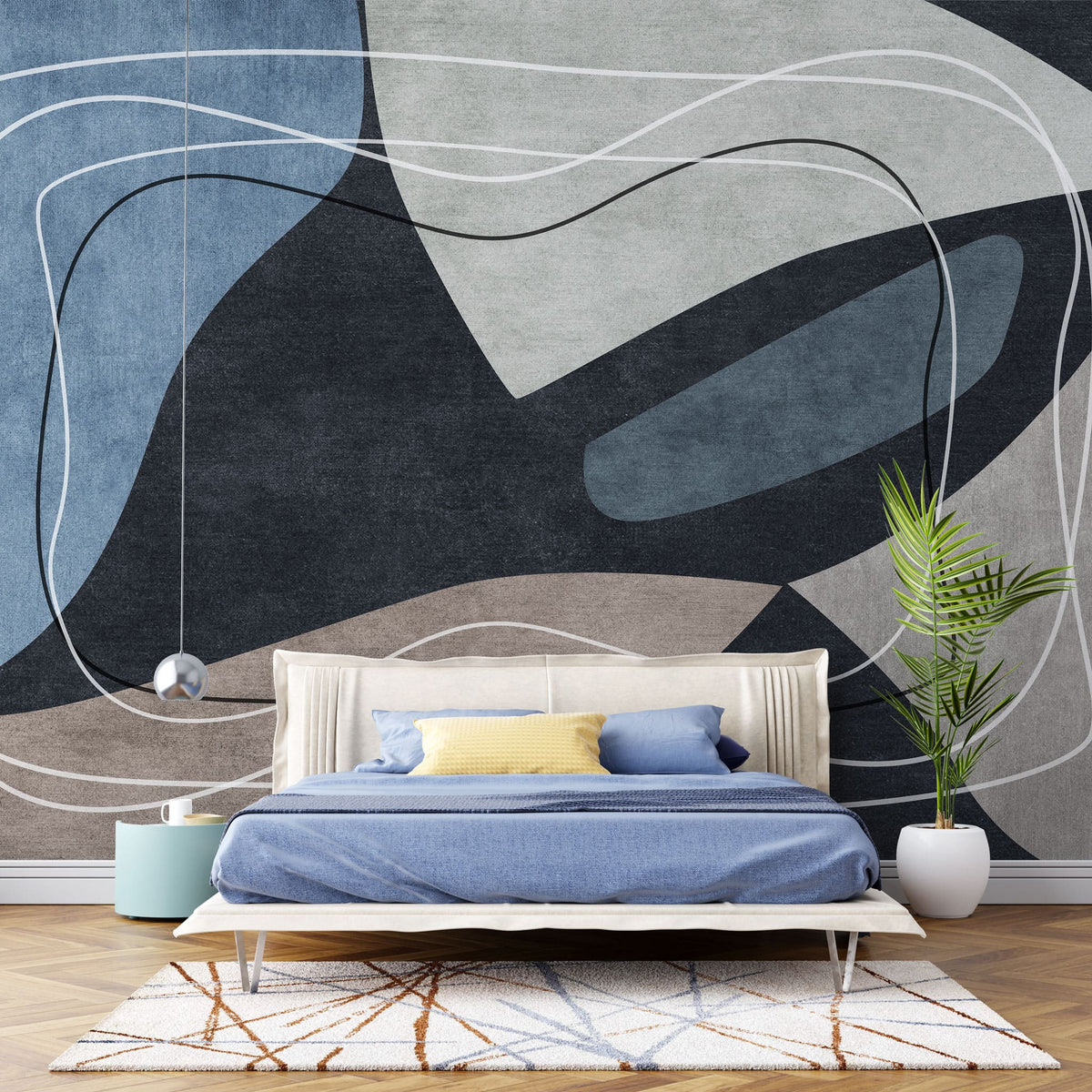 Tapet personalizat abstract cu linii si forme abstracte in nuante de albastru lines&waves