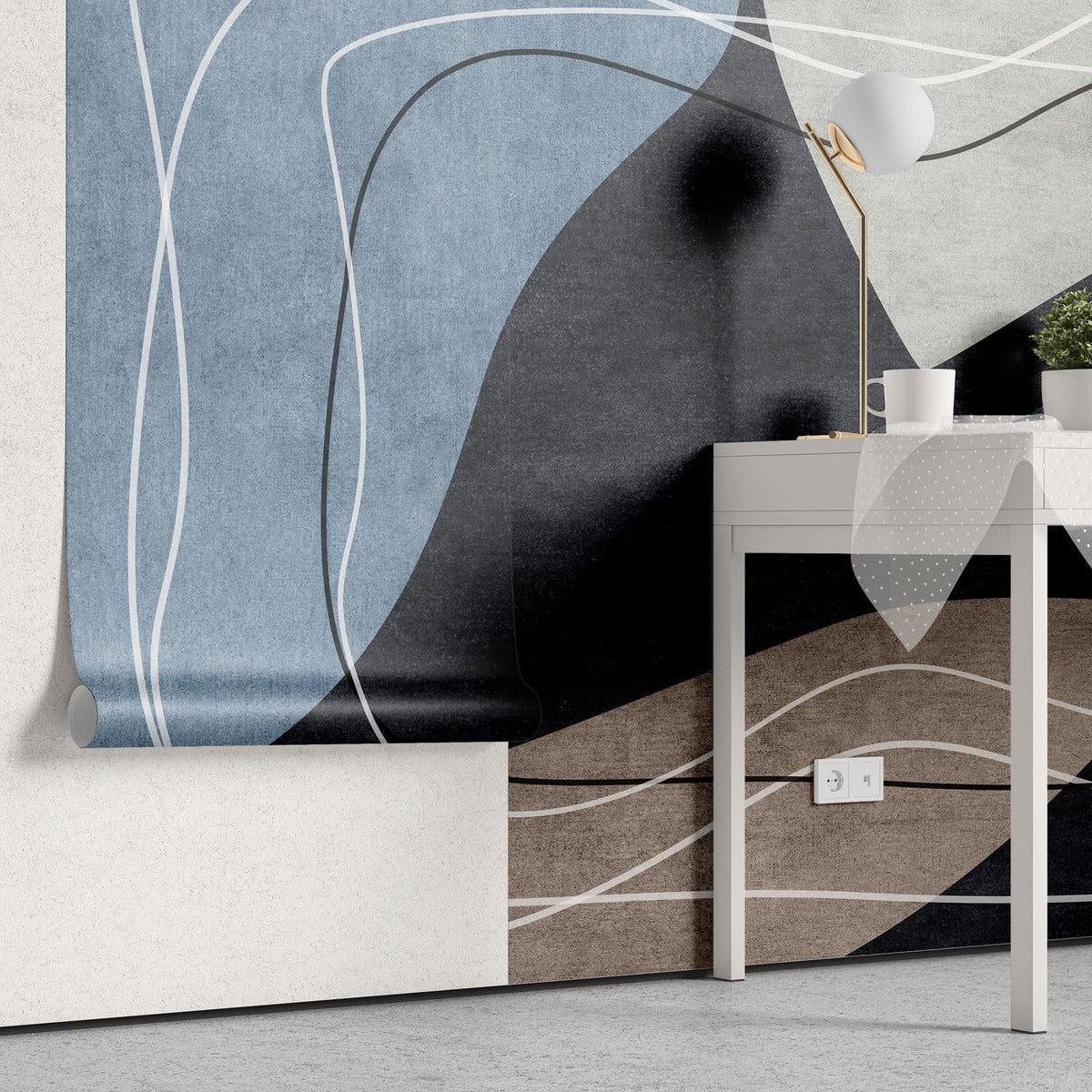 Tapet personalizat abstract cu linii si forme abstracte in nuante de albastru lines&waves