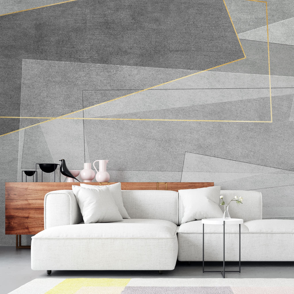 Tapet personalizat abstract cu forme gri si insertii aurii golden framed