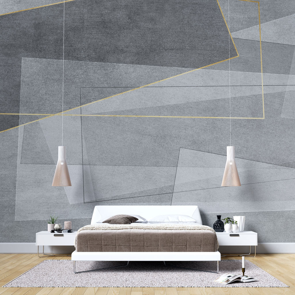 Tapet personalizat abstract cu forme gri si insertii aurii golden framed