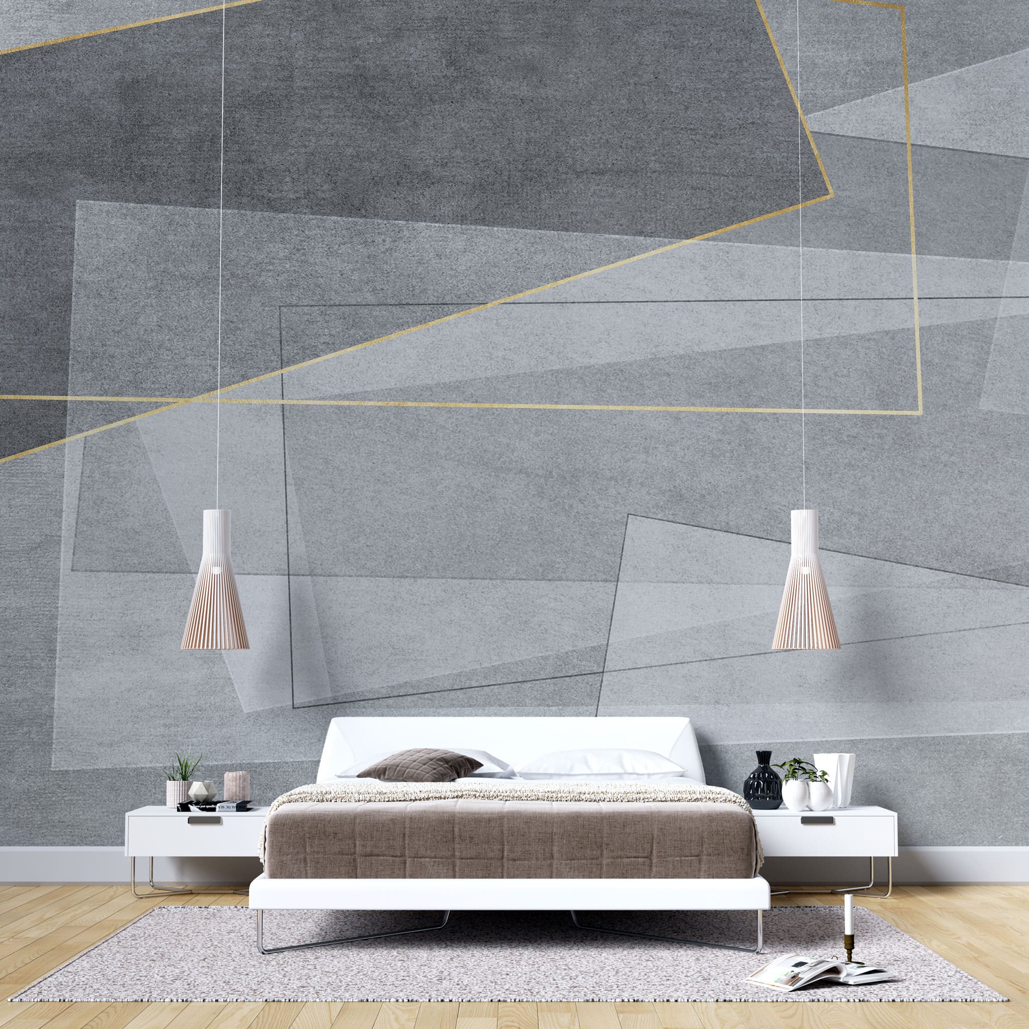 Tapet personalizat abstract cu forme gri si insertii aurii golden framed