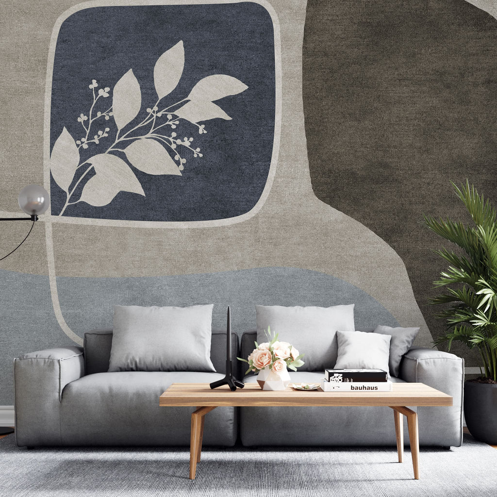 Tapet personalizat abstract cu forme abstracte si flori in nuante de bej, albastru si maro white mahon