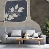 Tapet personalizat abstract cu forme abstracte si flori in nuante de bej, albastru si maro white mahon