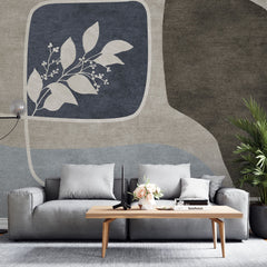 Tapet personalizat abstract cu forme abstracte si flori in nuante de bej, albastru si maro white mahon