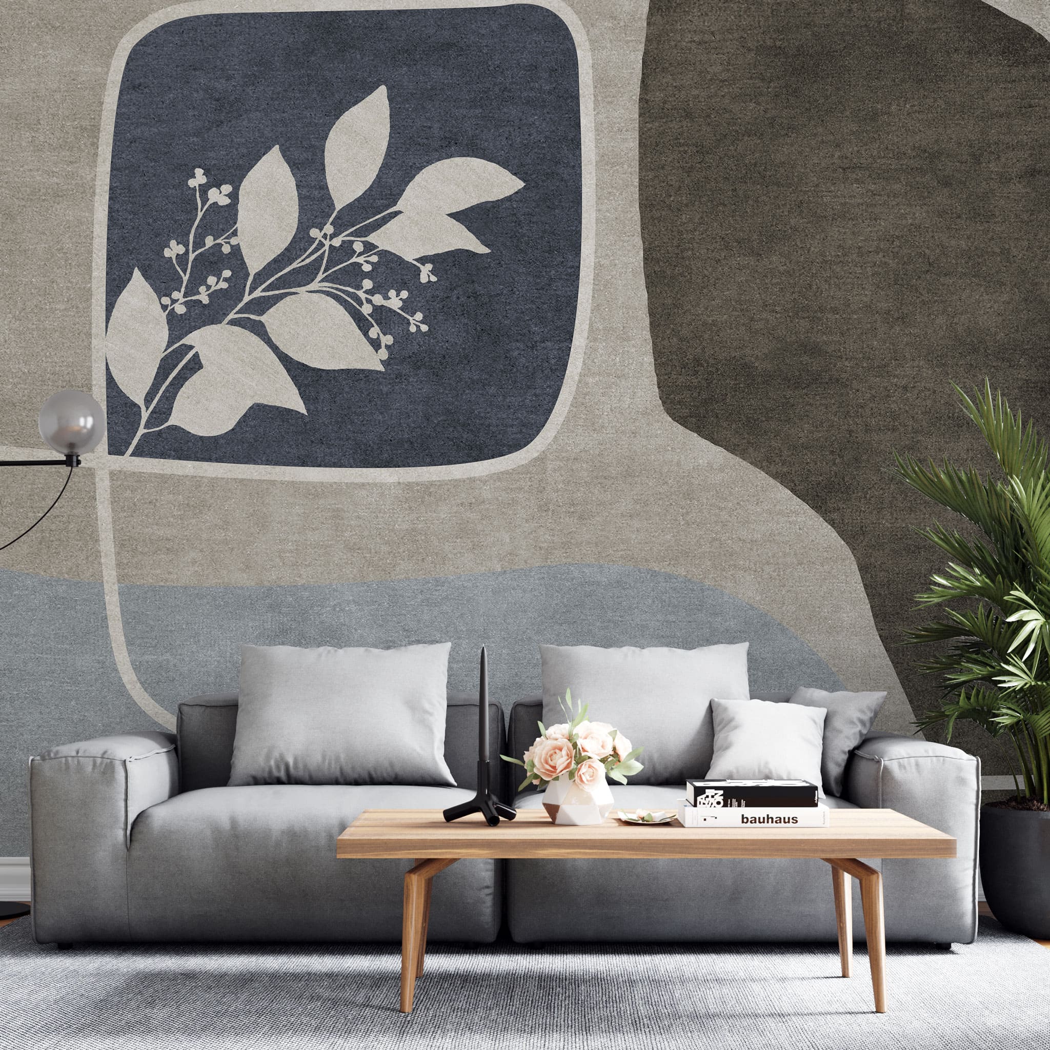 Tapet personalizat abstract cu forme abstracte si flori in nuante de bej, albastru si maro white mahon