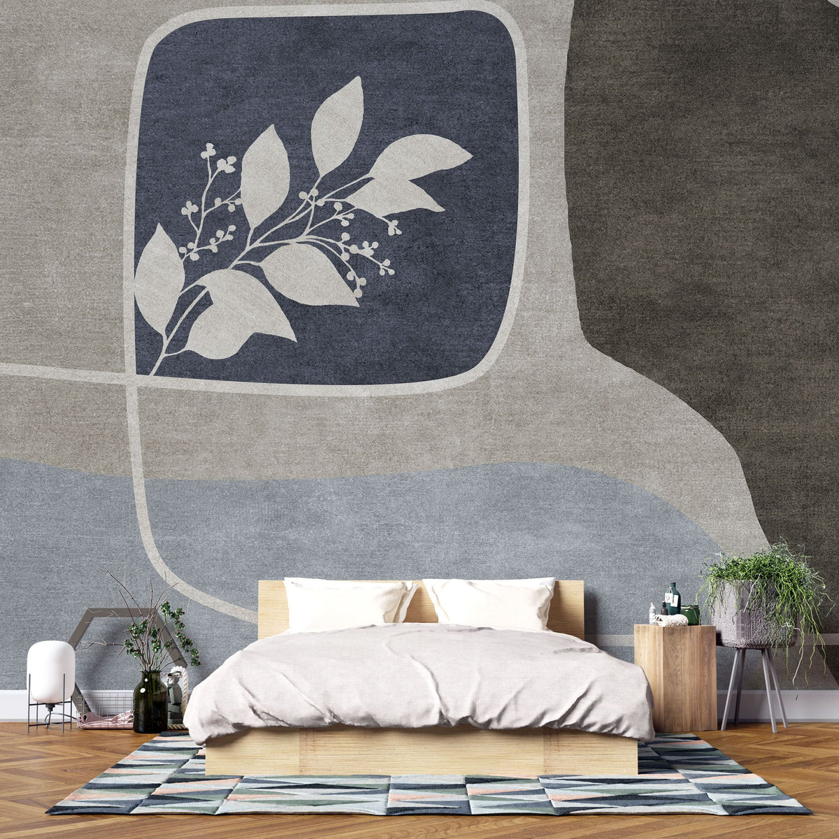 Tapet personalizat abstract cu forme abstracte si flori in nuante de bej, albastru si maro white mahon