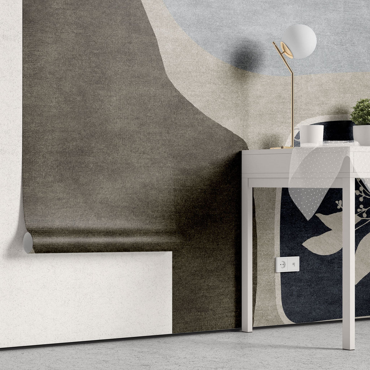 Tapet personalizat abstract cu forme abstracte si flori in nuante de bej, albastru si maro white mahon