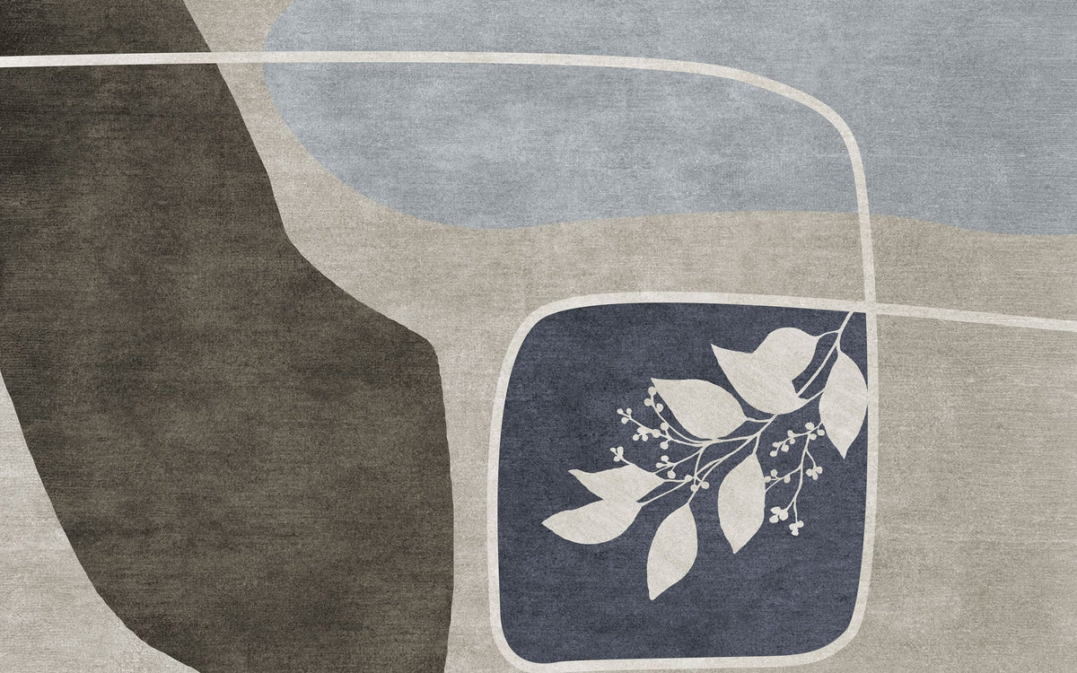 Tapet personalizat abstract cu forme abstracte si flori in nuante de bej, albastru si maro white mahon
