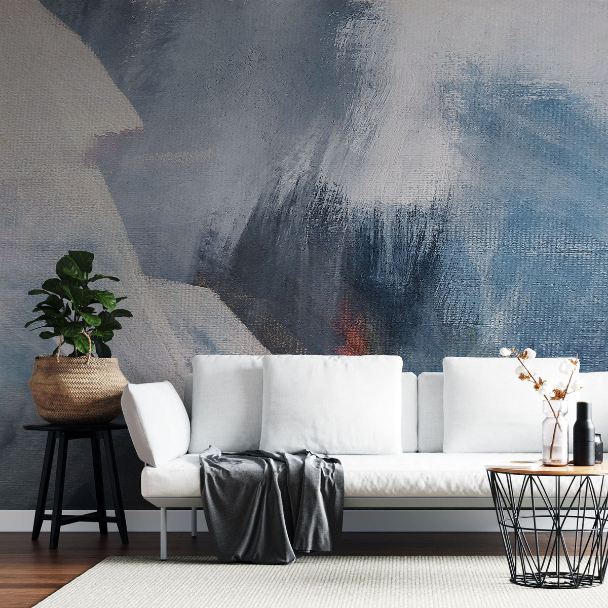 Tapet personalizat abstract cu model abstract pictat in nuante de albastru si alb painted