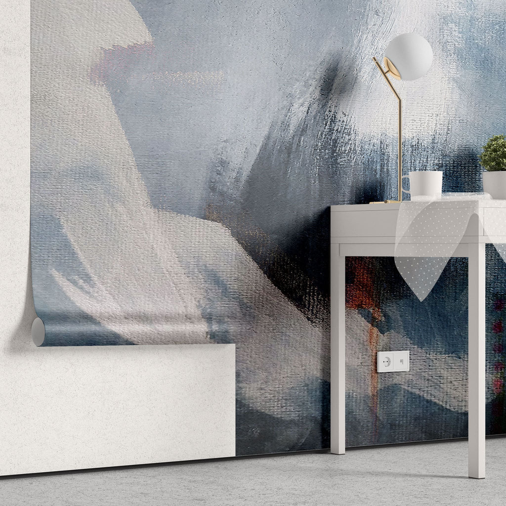 Tapet personalizat abstract cu model abstract pictat in nuante de albastru si alb painted
