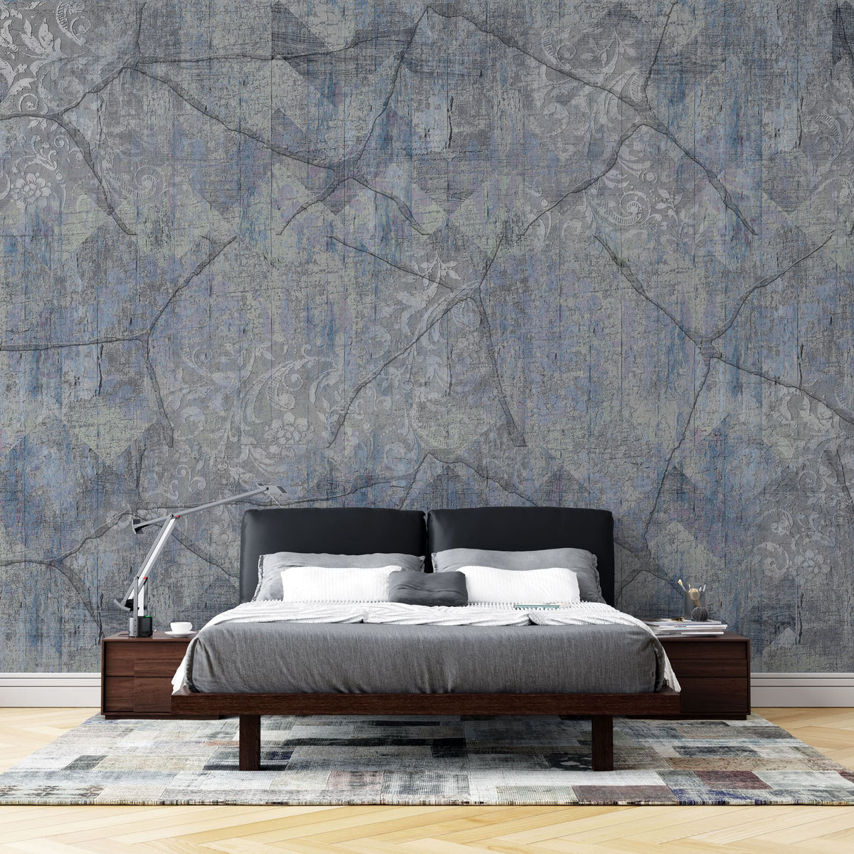 Tapet personalizat abstract cu textura abstracta florala in nuante inchise cu efect invechit old blue