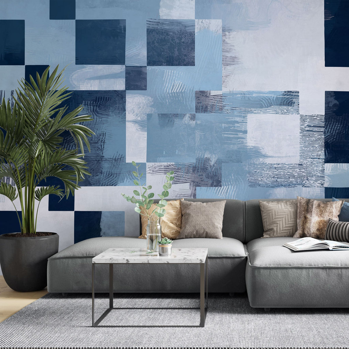 Tapet personalizat abstract cu forme rectangulare abstracte in nuante de albastru blue rectangles