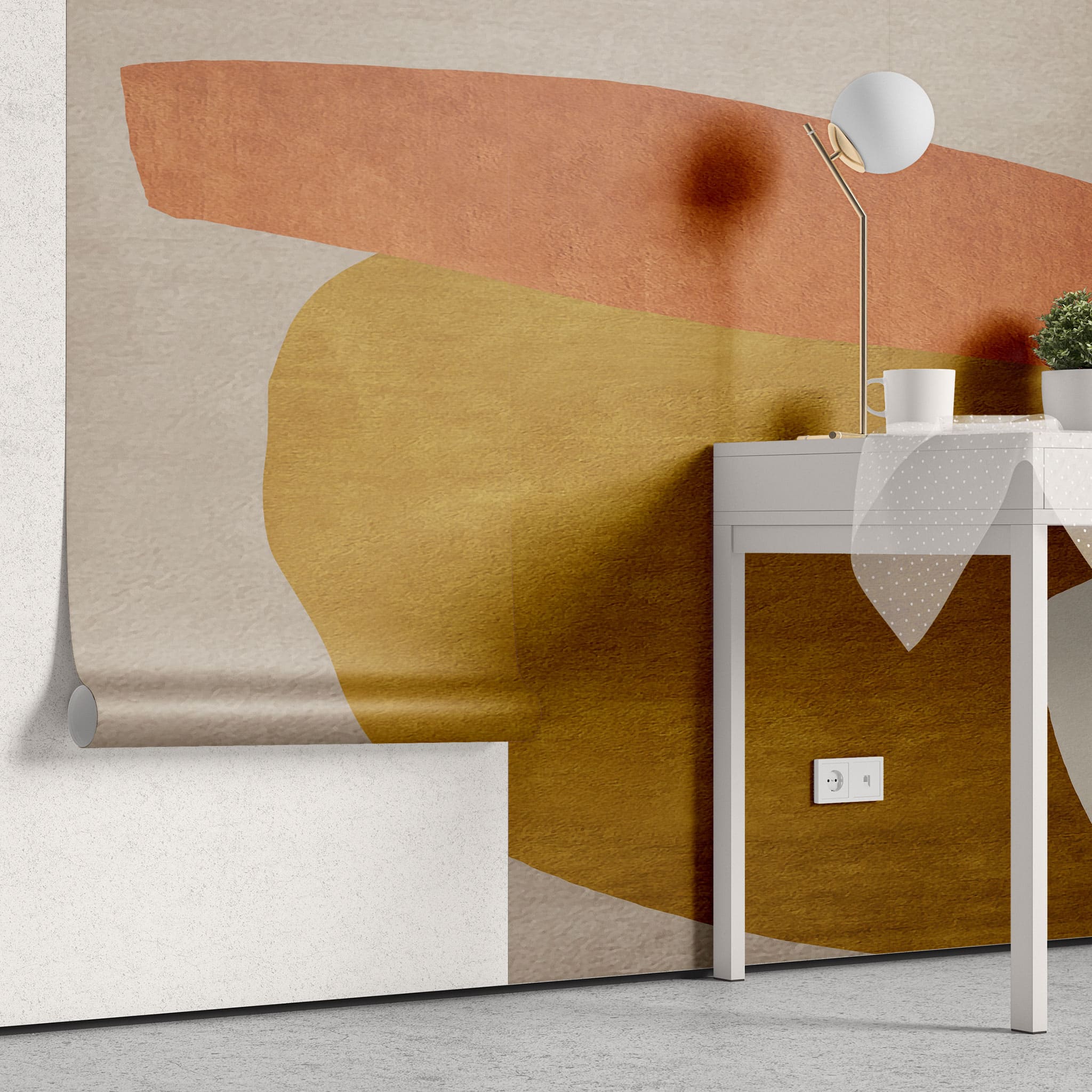 Tapet personalizat abstract cu forme abstracte in nuante aurii si portocalii golden zen