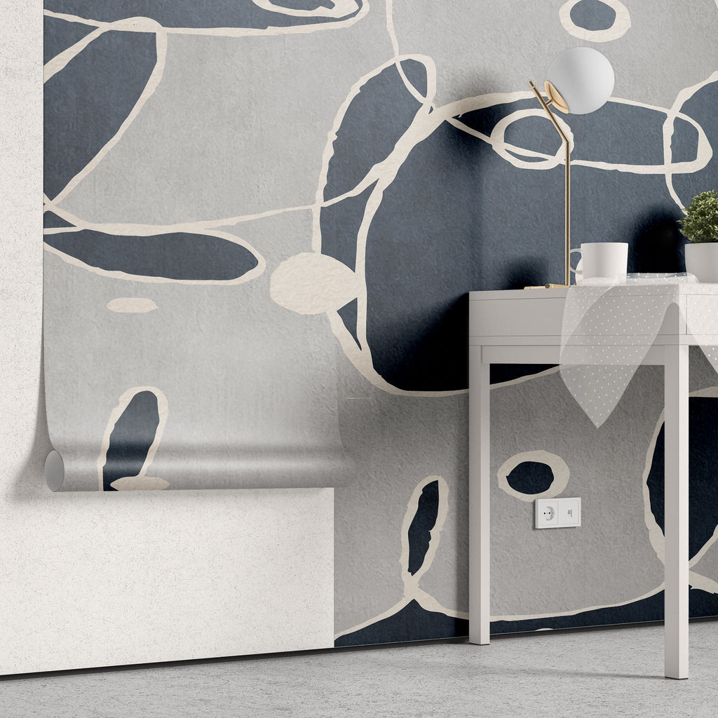Tapet personalizat abstract cu forme si linii abstracte in nuante de albastru si gri doodle